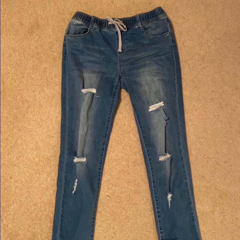 Jogger style distressed skinny jeans